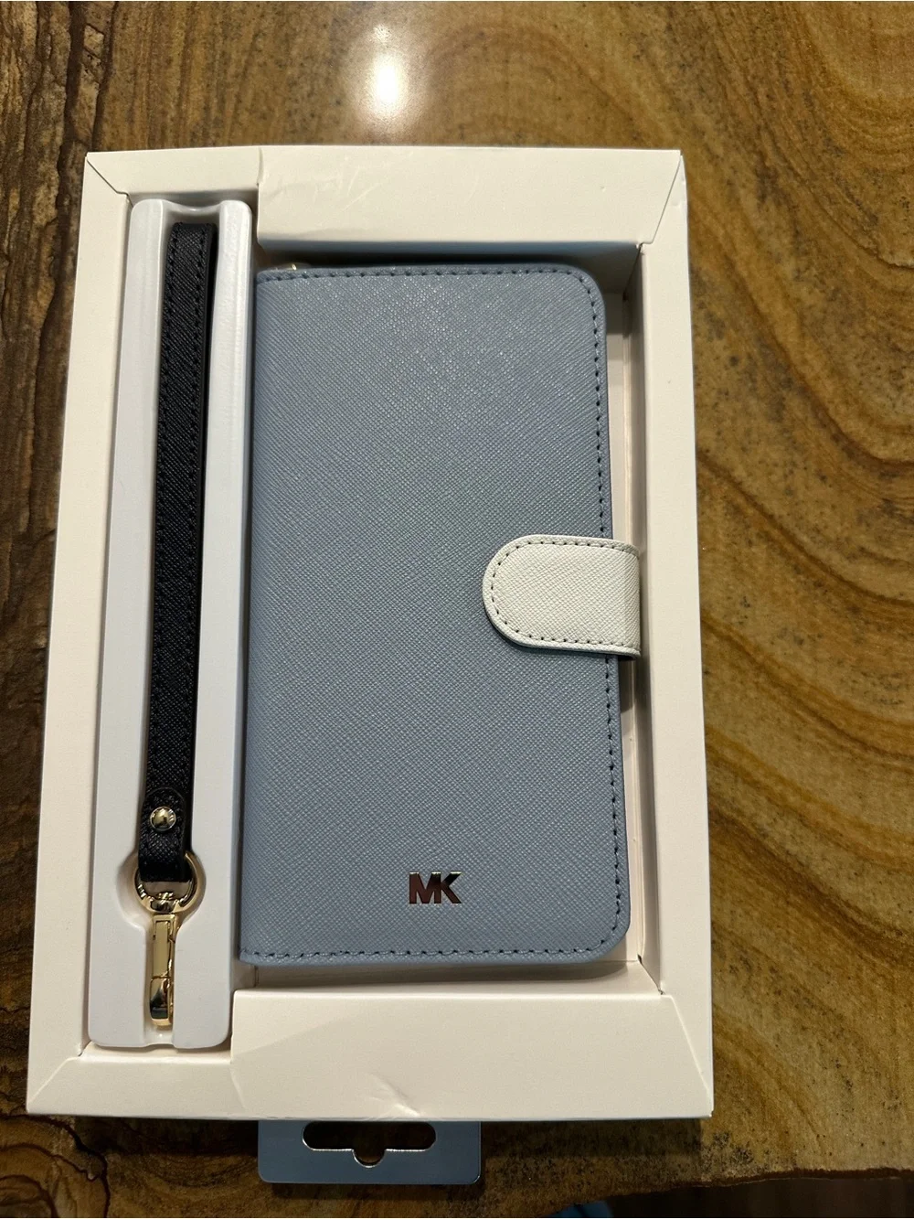 Michael Kors Light Blue and White Folio Phone Case with Blue Strap